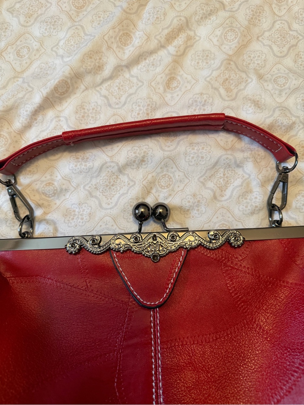 Red Leather Kiss-Lock Top Handle Bag